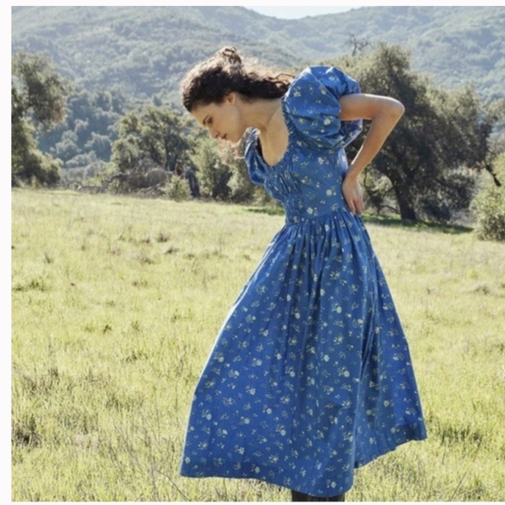 Doen Sky Blue Floral Puff Sleeve Maxi Dress